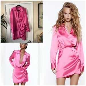 Zara Pink Satin Mini Dress, Long Sleeve, Collared XXL